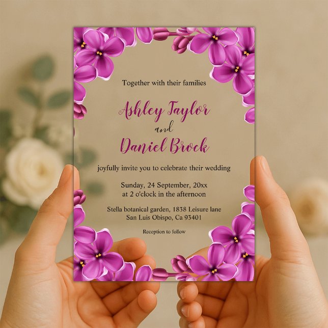 Invitations En Acrylique Élégant Roses d'orchidée violet Mariage fleuri été (Créateur téléchargé)