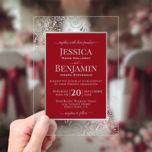 Invitations En Acrylique Élégant Rouge Cramoisi & Argent Texte Mariage Élég