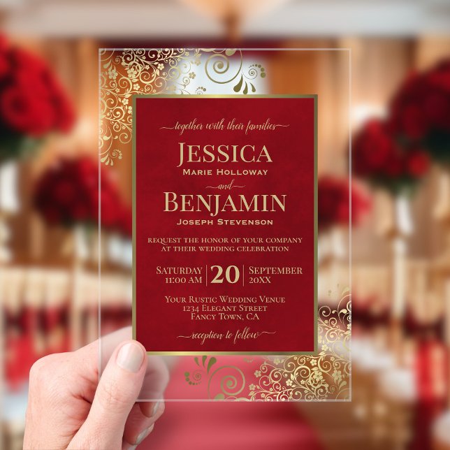 Invitations En Acrylique Élégant Rouge Cramoisi et Or Mariage Texte de Styl (Créateur téléchargé)