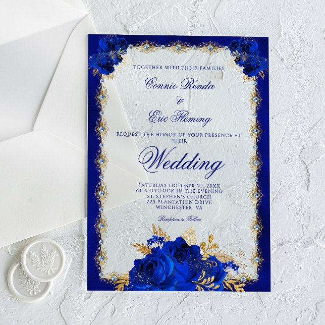Invitations En Acrylique Elégant Royal Blue Floral Roses Mariage officiel (Créateur téléchargé)