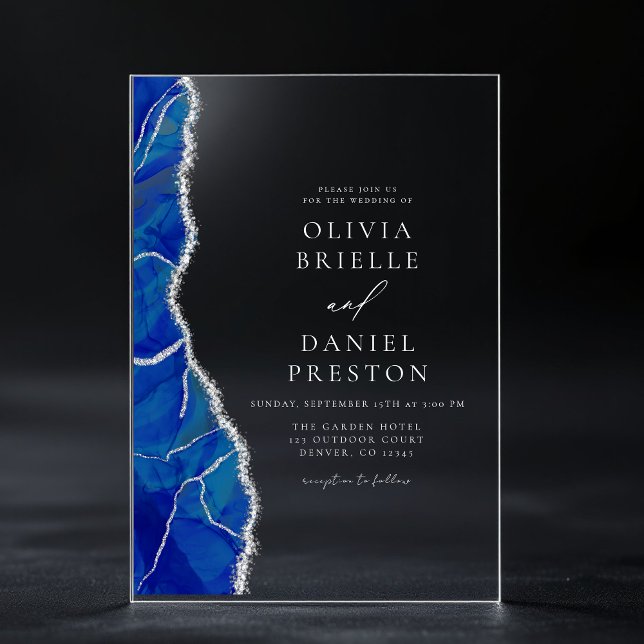 Invitations En Acrylique Élégant Royal Blue Silver Agate Mariage Monogramme (Créateur téléchargé)