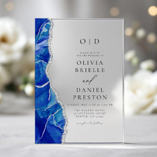 Invitations En Acrylique Élégant Royal Blue Silver Agate Mariage Monogramme