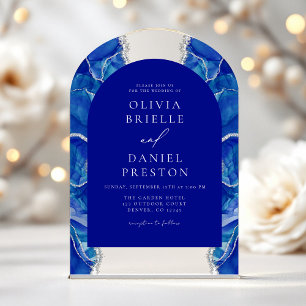 Invitations En Acrylique Élégant Royal Blue Silver Agate Mariage Monogramme