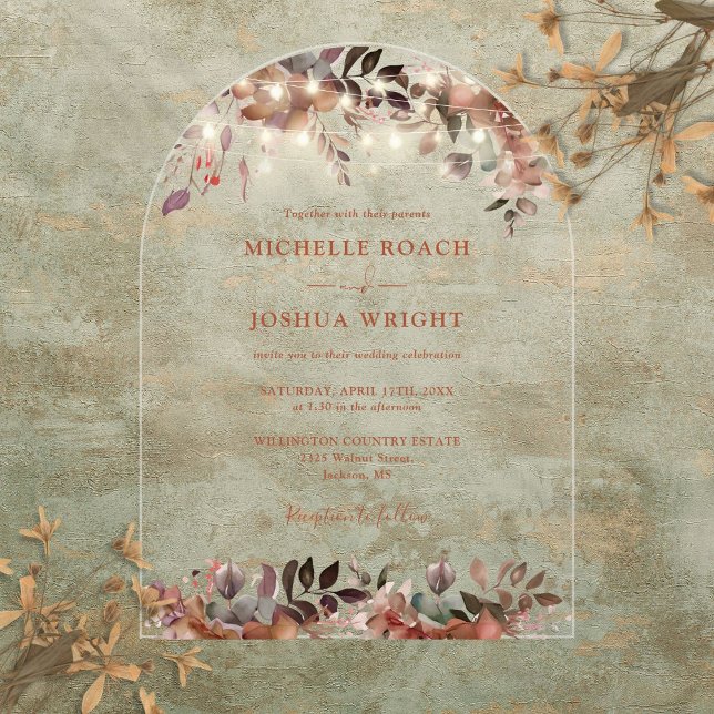 Invitations En Acrylique Élégant Rustique Floral Lights Mariage Arché (Elegant Rustic Floral String Lights Arched Wedding Acrylic Invitations)