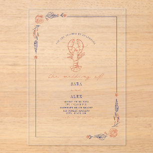 Invitations En Acrylique Elégant Rustique Rouge & Bleu Plage Homard de mari