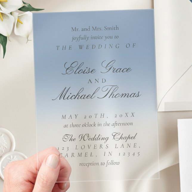 Invitations En Acrylique Élégant Script Dusty Blue Gradient Mariage (Invite guests to your big day with this Elegant Script Gradient Wedding Acrylic Invitation!)