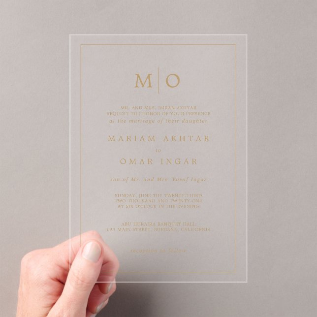 Invitations En Acrylique Elegant Script Gold Monogram (In situ (ordinateur de poche))