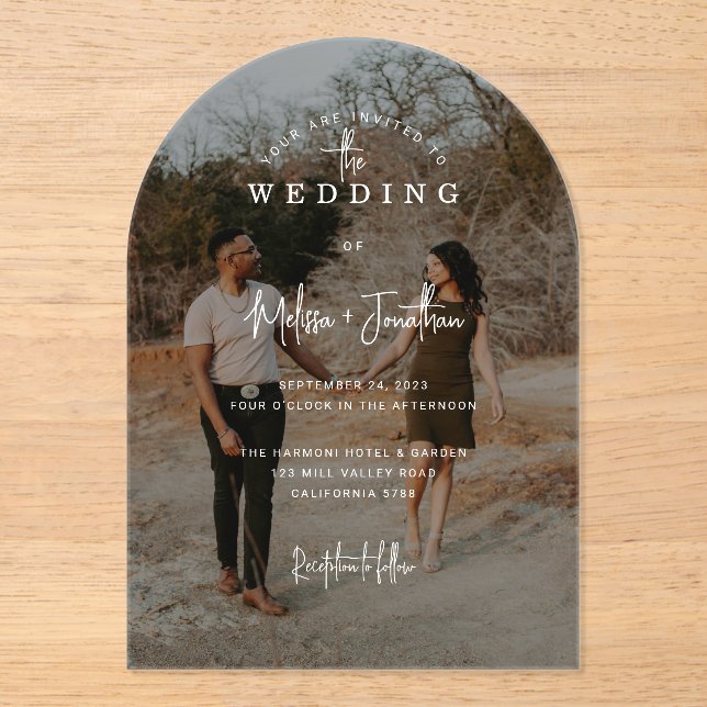 Invitations En Acrylique Élégant script manuscrit Mariage d'arc photo (Recto)