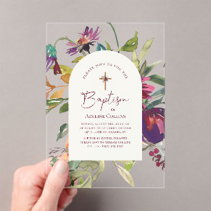 Invitations En Acrylique Élégant Script Moderne Baptême Floral Bourgogne