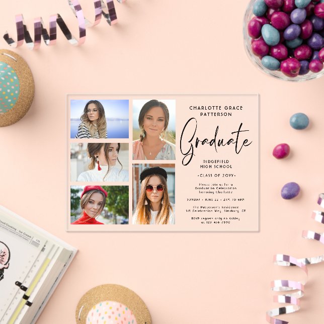 Invitations En Acrylique Élégant Script Multi Photo Graduation Party (Insitu (Célébration))