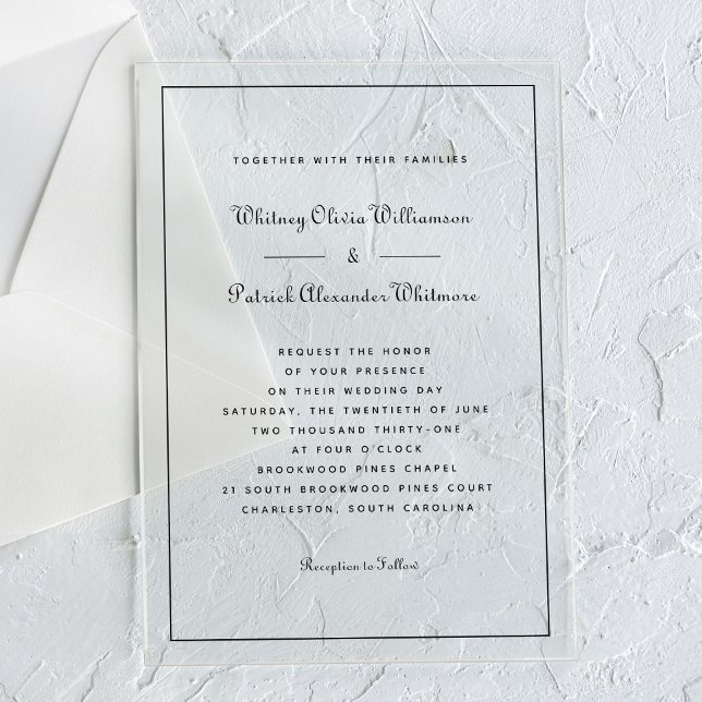Invitations En Acrylique Élégant Script noir blanc Formal Mariage classique (Elegant Script Black White Formal Classic Weddings Acrylic Invitations)