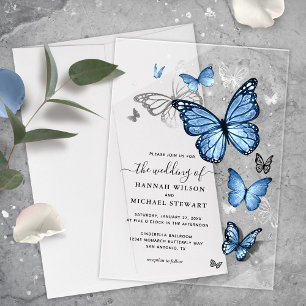 Invitations En Acrylique Élégant Silver Light Baby Blue Butterfly Mariage