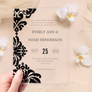 Invitations En Acrylique Elégant simple Victorian Black Mariage damassé