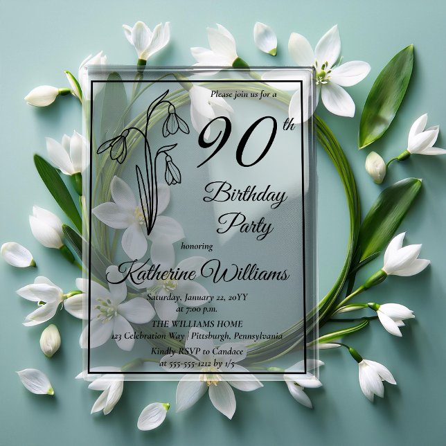 Invitations En Acrylique Elégant Snowdrops 90e fête d'anniversaire (Elegant Snowdrops 90th Birthday Party Acrylic Invitations)
