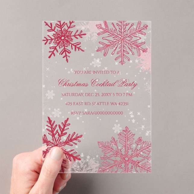 Invitations En Acrylique Élégant Snowflakes Rouge rose Cocktails de Noël (In situ (ordinateur de poche))