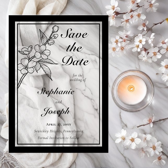Invitations En Acrylique Elegant Spring Blossoms Wedding Save the Date (Elegant Line Art Spring Blossoms Floral | Back Photo Wedding Black on Clear Acrylic Save the Dates)