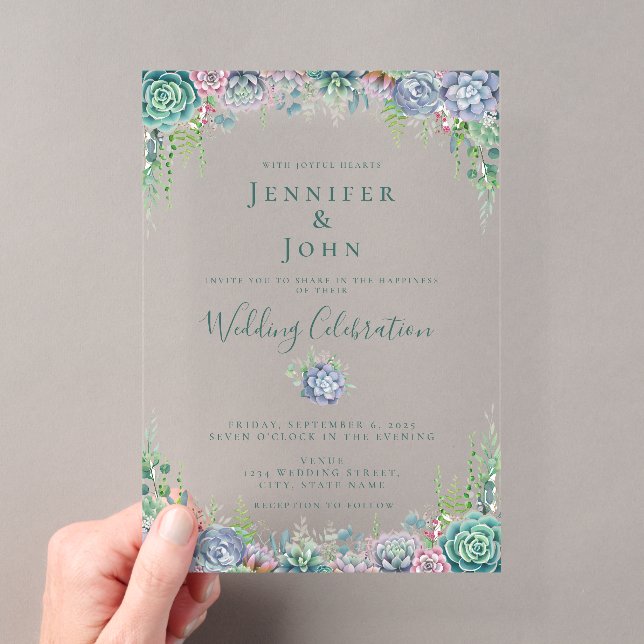 Invitations En Acrylique Elégant Succulent Aquarelle Mariage de verdure (In situ (ordinateur de poche))