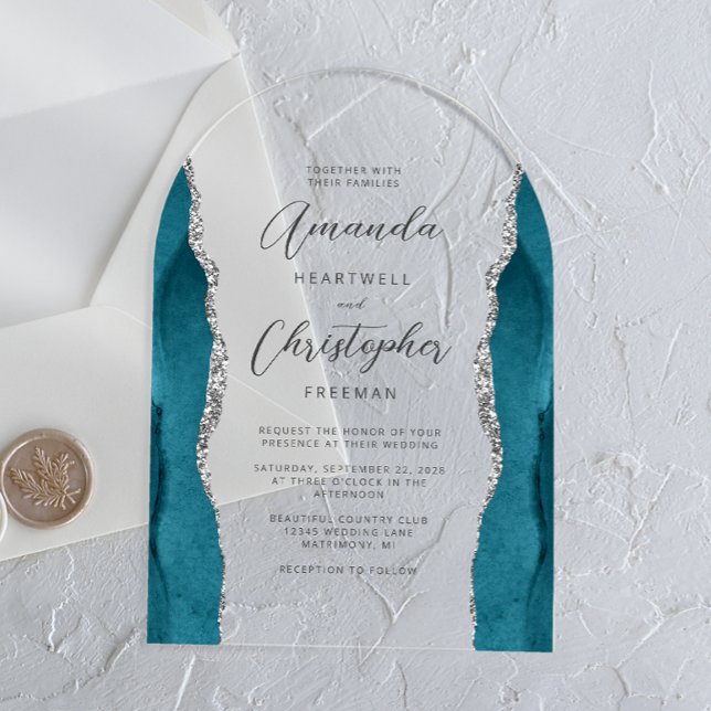 Invitations En Acrylique Élégant Turquoise Arc Arc de script d'agate d'arge (Créateur téléchargé)