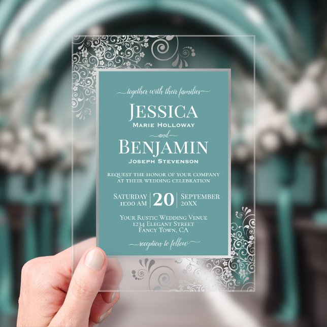 Invitations En Acrylique Élégant Turquoise & Argent Texte Glamour Mariage d (Clear Acrylic with Rectangle Cut)