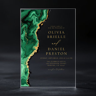 Invitations En Acrylique Élégant Vert Émeraude Agate Mariage Or