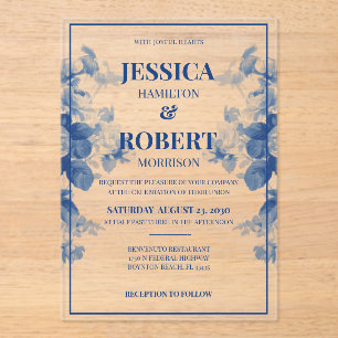 Invitations En Acrylique Elégant Vintage Blue Chinoiserie Floral Mariage