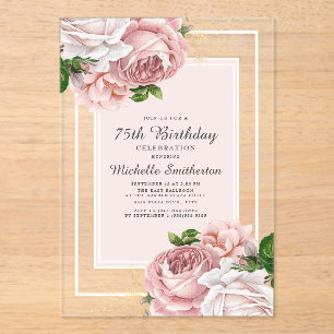 Invitations En Acrylique Élégant Vintage rose rose pâle 75e anniversaire