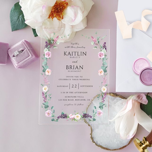 Invitations En Acrylique Élégant violet, mauve, Mariage floral Pastel (Créateur téléchargé)