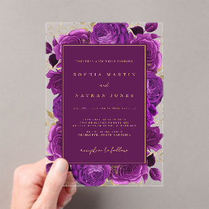 Invitations En Acrylique Élégant violet Rose or Mariage clair