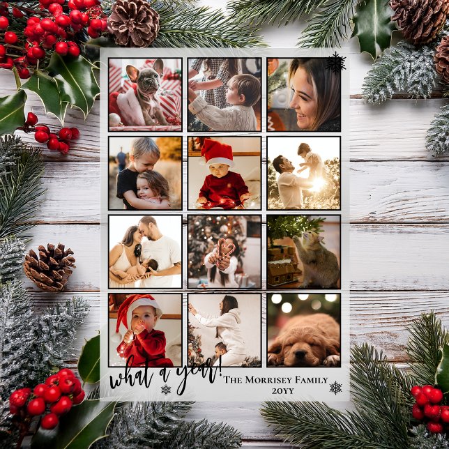 Invitations En Acrylique Elegant What A Year 12 Photo Snowflakes ("What A Year!" Snowflakes Black Framed 12 Photo Christmas Holiday Acrylic Card)
