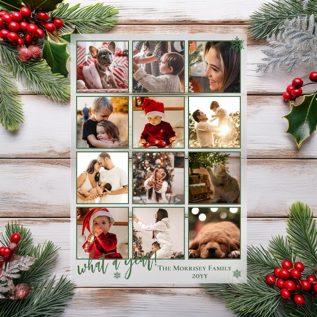 Invitations En Acrylique Elegant What A Year 12 Photo Snowflakes ("What A Year!" Snowflakes Green Framed 12 Photo Christmas Holiday Acrylic Card)