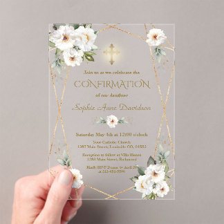 Invitations En Acrylique Elegant White Flowers Gold Cross Confirmation