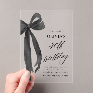 Invitations En Acrylique Elégante aquarelle Black Bow 40e fête d'anniversai