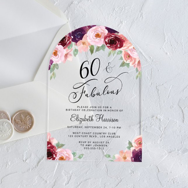 Invitations En Acrylique Elégante aquarelle florale 60e anniversaire de fêt (Créateur téléchargé)