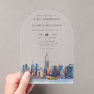 Invitations En Acrylique Elégante aquarelle New York Skyline Mariage Arch
