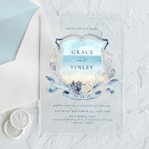 Invitations En Acrylique Elégante aquarelle Plage Mariage Crest