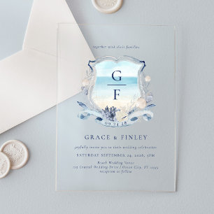 Invitations En Acrylique Elégante aquarelle plage Monogram Crest Mariage