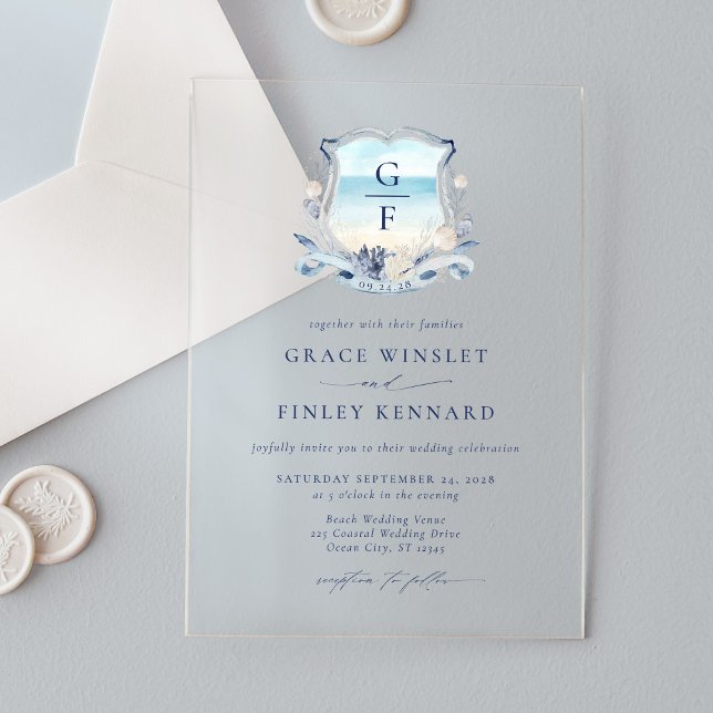 Invitations En Acrylique Elégante aquarelle plage Monogramme Mariage Crest (Créateur téléchargé)
