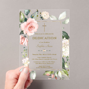 Invitations En Acrylique Elégante aquarelle rose Fleurs de crème Dedication