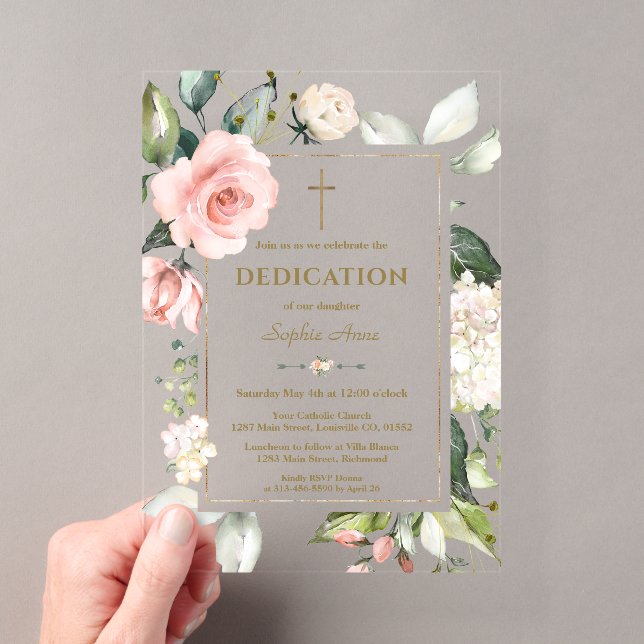 Invitations En Acrylique Elégante aquarelle rose Fleurs de crème Dedication (In situ (ordinateur de poche))