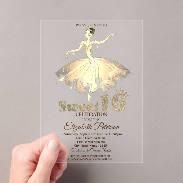 Invitations En Acrylique Elégante Ballerina Gold Parties scintillant Bokeh  (In situ (ordinateur de poche))