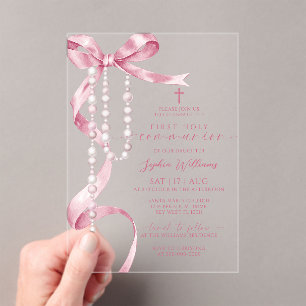 Invitations En Acrylique Élégante Bow rose et Rosaire Première sainte commu