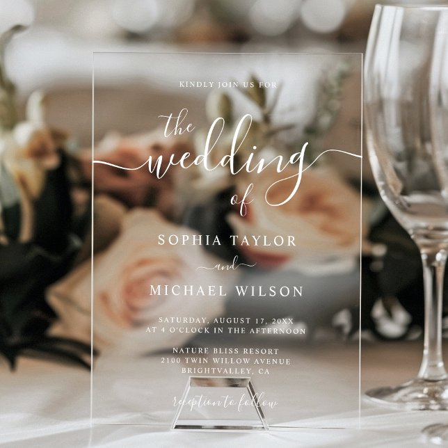 Invitations En Acrylique Élégante calligraphie moderne Mariage blanc (Créateur téléchargé)