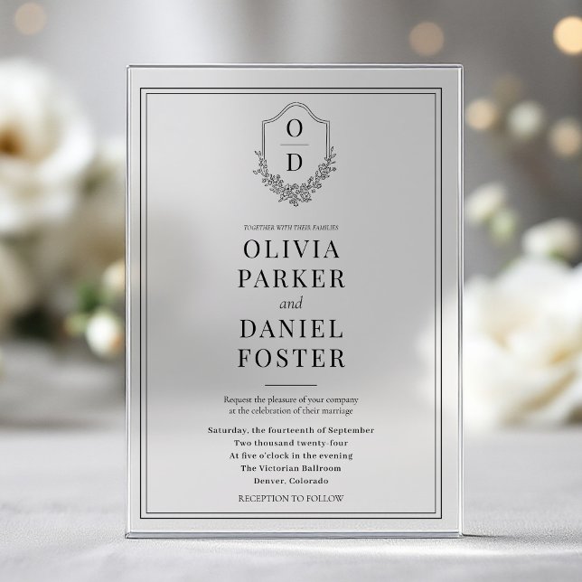 Invitations En Acrylique Élégante crête Noir & Blanc Mariage moderne (Créateur téléchargé)
