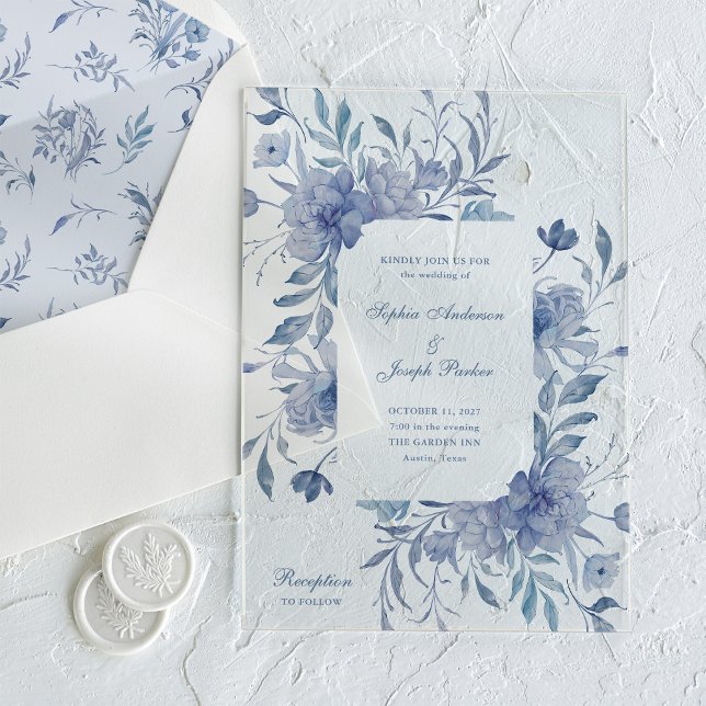 Invitations En Acrylique Elégante Dusty Blue Chinoiserie Floral Mariage (Créateur téléchargé)