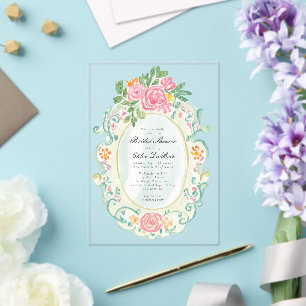 Invitations En Acrylique Élégante Fête de Fiançailles Florale Rococo