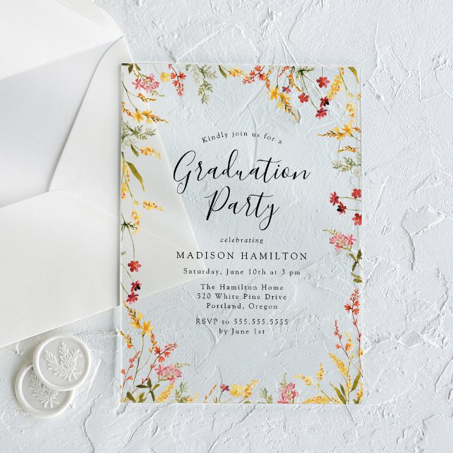 Invitations En Acrylique Élégante fête de graduation florale rouge et jaune (Créateur téléchargé)