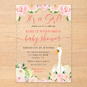 Invitations En Acrylique Élégante Fête de Naissance Fleurie au Cygne Aquare