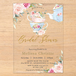 Invitations En Acrylique Élégante Fête de Thé Florale Rose Pâle Shower de M