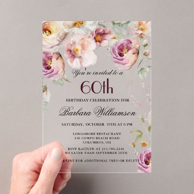 Invitations En Acrylique Élégante fête du 60e anniversaire de Fleur sauvage (In situ (ordinateur de poche))