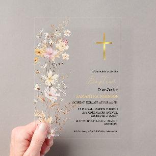 Invitations En Acrylique Élégante Fleur sauvage Baptême Baptême Christening